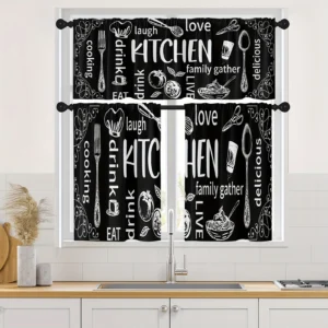 TEMU 3pcs Kitchen Window Curtains Valance And Tier Set, White Doodle Rod Pocket Short Tier Curtain, Abstract Art Small Drapes For Kitchen Decor – $13,94 | Temu