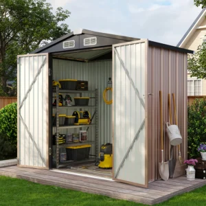 TEMU 6′ X 4′ Brown Metal Outdoor Storage Shed With Base Frame, Weather-resistant Steel Tool Shed With Lockable Doors For Garden, Patio, Backyard, And Lawn – $158,95 | Temu