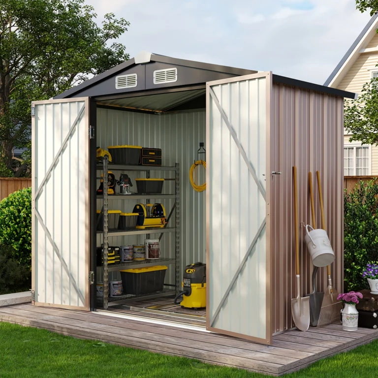TEMU 6′ X 4′ Brown Metal Outdoor Storage Shed With Base Frame, Weather-resistant Steel Tool Shed With Lockable Doors For Garden, Patio, Backyard, And Lawn – $158,95 | Temu