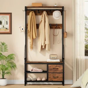 TEMU 4-in-1multifunctional Metal Coat Rack With Shoe Bench, Hall Tree With 17 Hooks And 2 Removable Storage Drawers, Entryway Storage Shelf For , Living Rooms, Bathrooms And , Versatile Storage – $81,08 | Temu