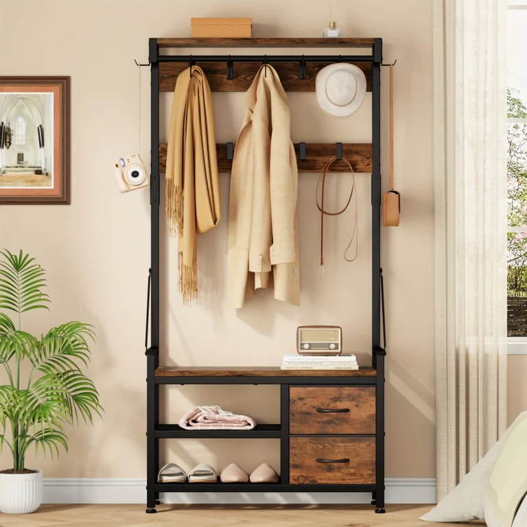 TEMU 4-in-1multifunctional Metal Coat Rack With Shoe Bench, Hall Tree With 17 Hooks And 2 Removable Storage Drawers, Entryway Storage Shelf For , Living Rooms, Bathrooms And , Versatile Storage – $81,08 | Temu